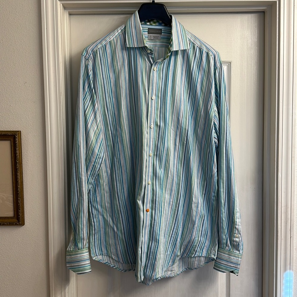 Thomas Dean Button down shirt. XL, blue and green, flip cuff